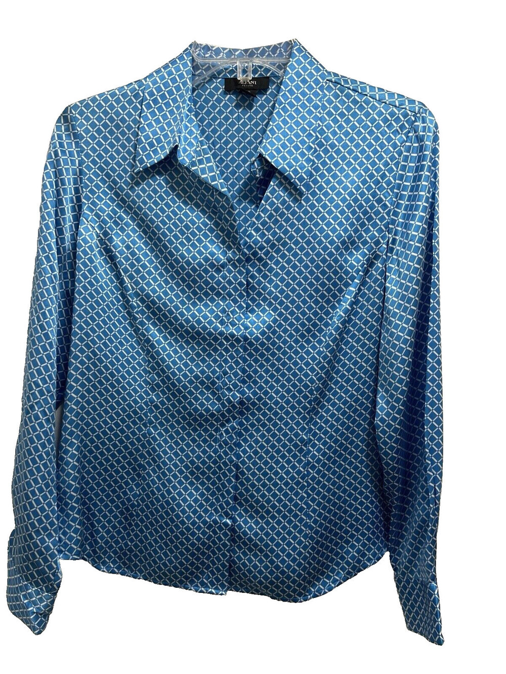 Alfani 10 Petite Silk Blue Diamond Print Long Sleeve Satin Button Down Shirt